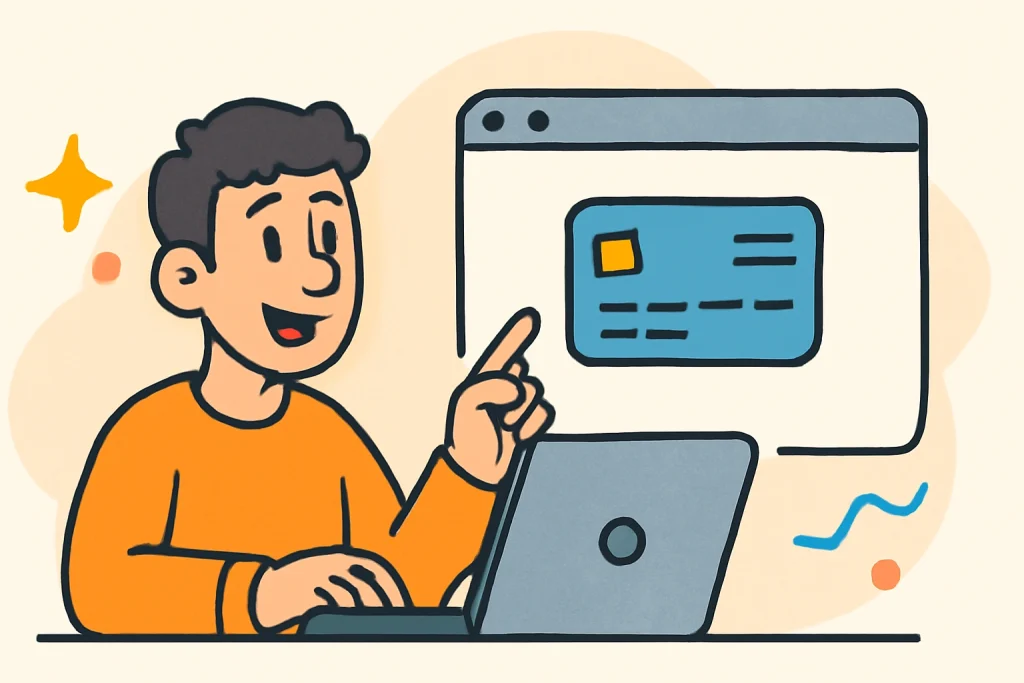 Cartoon illustration of a person applying for a credit card online, pointing at a browser screen showing a blue credit card.
