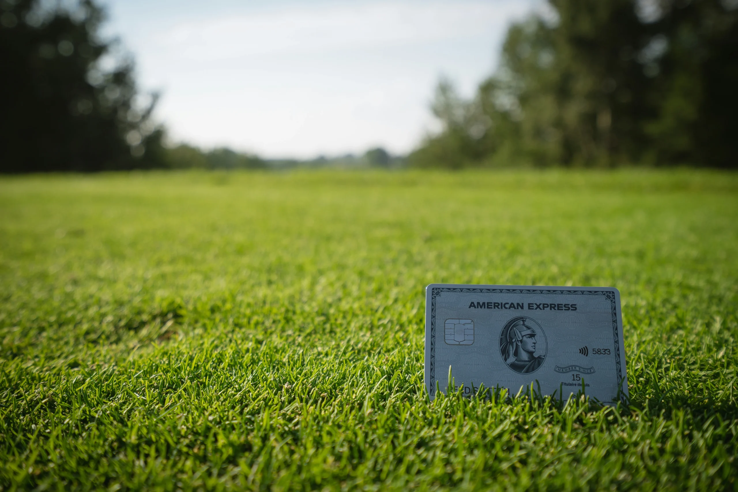 American Express Platinum Card on grass, symbolizing premium benefits and exclusive access.